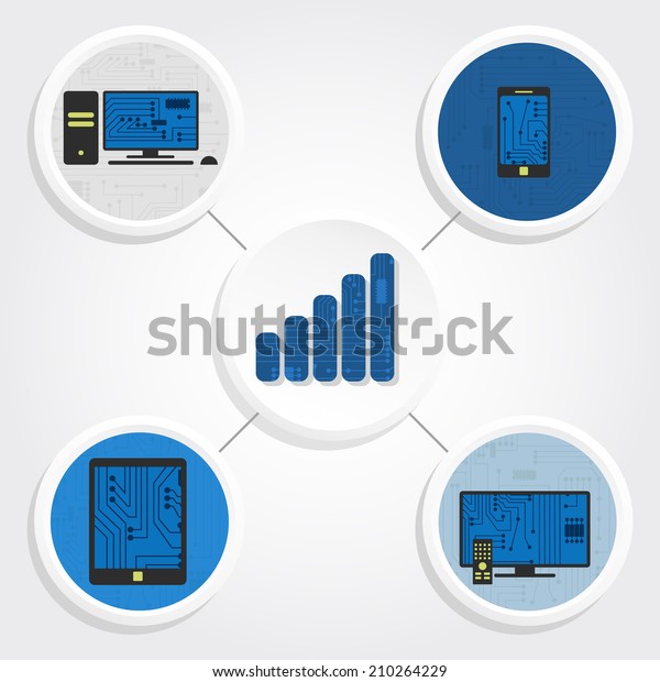 Diagram of\
various electronic equipment and a power bar representing battery\
and connectivity. Personal computer, tablet, smarthphone, smart tv.\
Electronic equipments and power\
bar