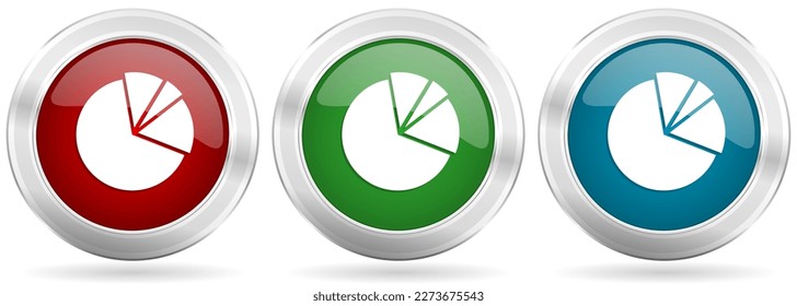 Conjunto de iconos del vector del diagrama. Botones de web metálicos de plata roja, azul y verde con borde cromado