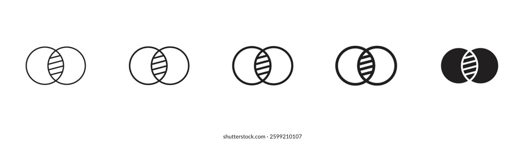 Diagram venn icons in black outline, solid and colored style