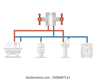 Diagram of a water heater's connections to household appliances such as a bathtub, toilet, sink, and washing machine. Hot and cold water pipes with valves. Vector illustration isolated.