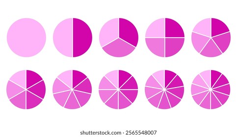 Diagram wheel divided from 1 to 10 parts, Pie chart infographic circle divided into pizza or donut segments, Vector flat icons.