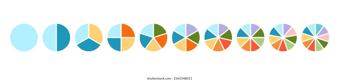 Diagram wheel divided from 1 to 10 parts, Pie chart infographic circle divided into pizza or donut segments, Vector flat icons.