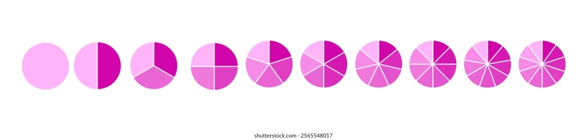 Diagram wheel divided from 1 to 10 parts, Pie chart infographic circle divided into pizza or donut segments, Vector flat icons.
