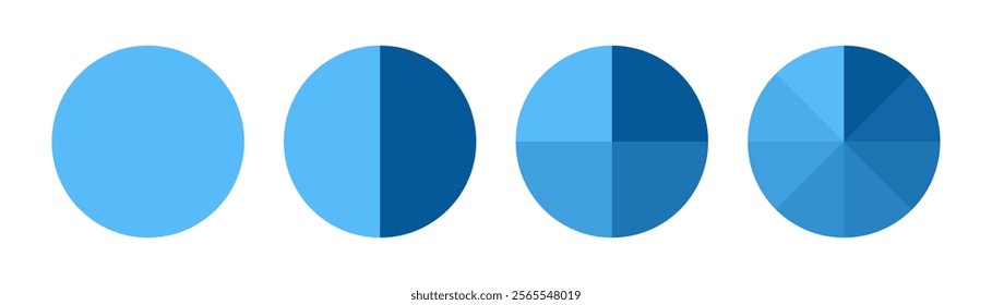 Diagram wheel divided from 1, 2, 4, 8 parts, Pie chart infographic circle divided into pizza or donut segments, Vector flat icons.