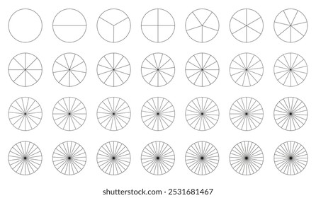 Diagrama de peças da roda de 1 a 28. Modelo de gráficos segmentados. Os setores dividem o círculo em partes iguais. Coaching em branco. Pizza, gráficos de pizza. Segmentos infográficos. Contornar gráficos em preto. 