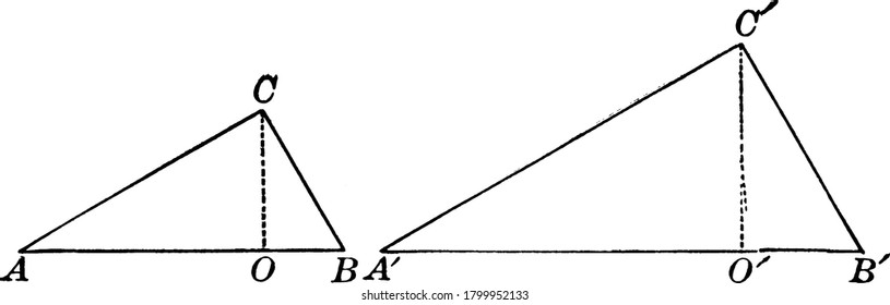 diagram in which two similar triangles with altitudes, vintage line drawing or engraving illustration.