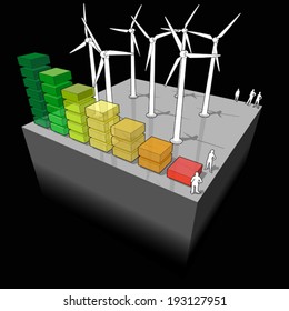 diagram of a wind turbine farm with energy rating diagram  (another building diagram from the collection, all have the same point of view/angle/perspective, easy to combine) 