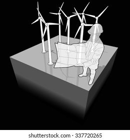 diagram of a wind turbines farm with with architect standing in front of it