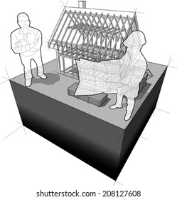 diagram of wooden framework construction of a simple detached house with architect + happy smiling man standing in front of it 