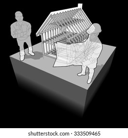 Zeichnung des Holzrahmenbaus eines einfachen Einfamilienhauses mit Architekt und glücklicher lächelender Kunde davor 