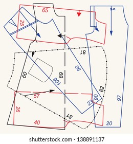 Diagrammatic illustration depicting a sewing pattern showing the various segments of the garment that need to be cut out from the fabric