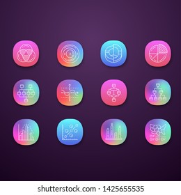 Diagrams app icons set. Data graphic visualization. Statistical analysis. Marketing analysis. Math, logic. UI/UX user interface. Web or mobile applications. Vector isolated illustrations