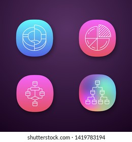 Diagrams app icons set. Planning, process flow. Statistics data visualization. Symbolic representation of information. UI/UX user interface. Web or mobile applications. Vector isolated illustrations