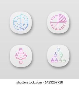 Diagrams app icons set. Planning, process flow. Statistics data. UI/UX user interface. Web or mobile applications. UI/UX user interface. Web or mobile applications. Vector isolated illustrations