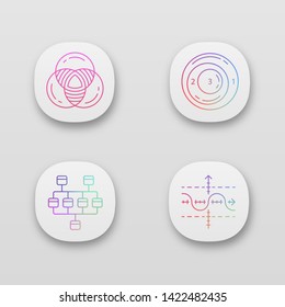 Diagrams app icons set. Statistical analysis. Marketing analysis. UI/UX user interface. Web or mobile applications. UI/UX user interface. Web or mobile applications. Vector isolated illustrations