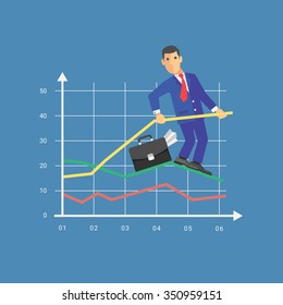 Diagrams with a businessman. Business data of market, elements of dot bar, pie charts, Set of  isolated flat icons. Illustration, vector. Blue background. Vector EPS8.