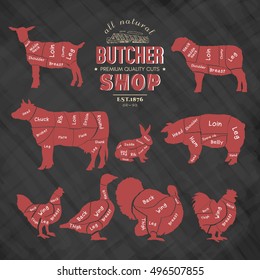 Diagrams for butcher shop. Farm animals silhouette. Cow, rabbit, sheep, pig, goat, goose, duck, turkey, chalkboard meat vector illustration  