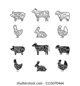 Diagrams for butcher shop. Meat cuts. Animal silhouette, pig, cow, lamb, chicken, turkey, rabbit. Vector illustration.