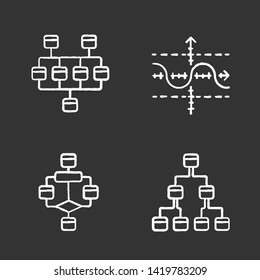 Diagrams chalk icons set. Network, tree, function graph, flowchart. Planning, process flow. Statistics data visualization. Symbolic representation of info. Isolated vector chalkboard illustrations