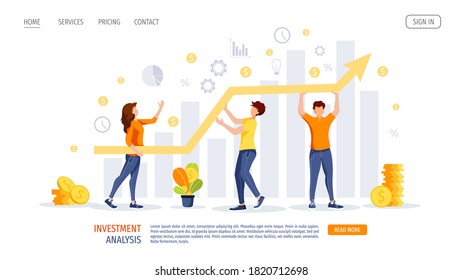 Diagrams, coins and working people. Profit, income, making money, financial success, business, investment analysis concept. Vector illustration for banner, poster, website.