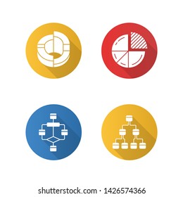 Diagrams flat design long shadow glyph icons set. Planning, process flow. Statistics data visualization. Math, logic. Symbolic representation of information. Vector silhouette illustration