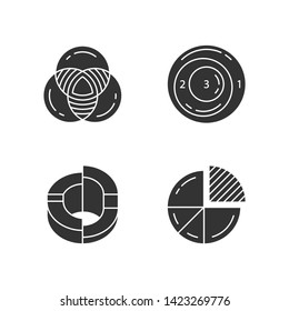Diagrams glyph icons set. Data graphic visualization. Statistical analysis. Symbolic representation of information. Marketing analysis. Math, logic. Silhouette symbols. Vector isolated illustration