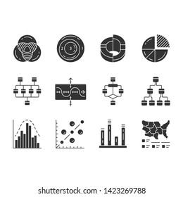 Diagrams glyph icons set. Schematic representation of info. Statistics data visualization. Analytical report. Science, technologies, business, finance. Silhouette symbols. Vector isolated illustration