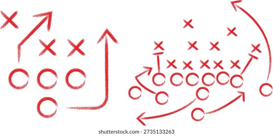 Diagrams illustrating two different offensive formations for American football plays