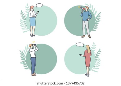 Diagrams, layouts, business mockups concept. Business people workers standing near frames circles infographic workflow layout can be used as steps of working process or strategy 