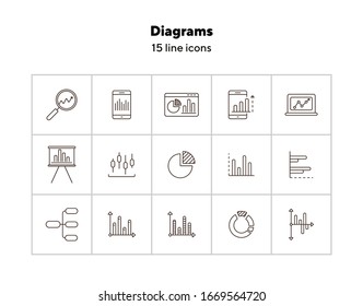 Diagrams line icon set. Chart, data, analytics, report isolated outline sign pack. Graph, analysis, statistics concept. Vector illustration symbol elements for web design and apps