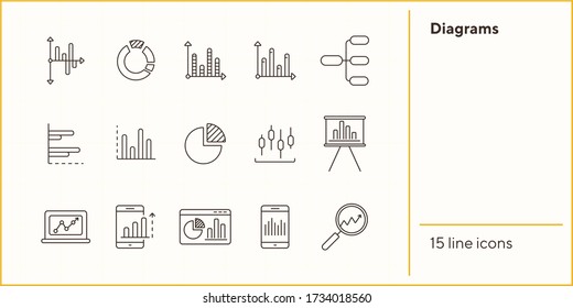 Conjunto de iconos de línea de diagramas. Gráfico, datos, análisis, informe de paquete de signos de esquema aislado. Gráfico, análisis, concepto estadístico. Elementos de símbolo de ilustración vectorial para diseño web y aplicaciones