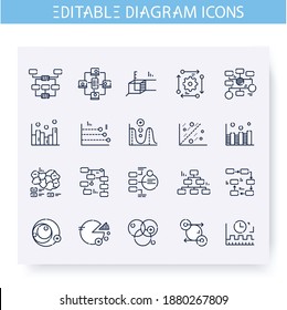 Conjunto de iconos de línea de diagramas. Gráfico informativo. Negocio, administración, visualización de estructuras. Infografía, presentación o esquema de planificación. Diseño sencillo. Ilustración vectorial aislada. Trazo editable 