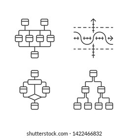 Diagrams linear icons set. Network, tree, function graph, flowchart. Planning, process flow. Statistics data. Thin line contour symbols. Isolated vector outline illustrations. Editable stroke