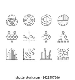 Diagrams linear icons set. Schematic representation of info. Statistics data visualization. Analytical report. Thin line contour symbols. Isolated vector outline illustrations. Editable stroke