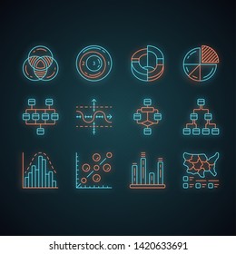 Diagrams neon light icons set. Schematic representation of info. Statistics data visualization. Science, computer technologies, business, finance. Glowing signs. Vector isolated illustrations