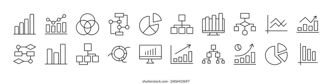Diagrams, Pie Charts, Progress Bars Related Line Icon Collection. Editable Stroke. Perfect for Infographics, Articles, Books, Flyers, Banners