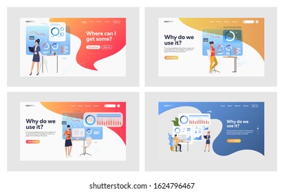 Diagrams presentation set. Manager presenting interactive chart, graph, report. Flat vector illustrations. Business, statistics, analysis concept for banner, website design or landing web page