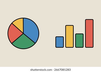 Diagramme, die die Datenanalyse im Unternehmen darstellen, einschließlich Kreisdiagrammen und Balkendiagrammen 