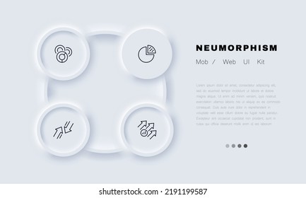 Icono de conjunto de diagramas. Gráfico circular, burro, barra, flechas, estadísticas, datos estadísticos, análisis, estrategia, presentación, marketing, flujo de trabajo, trabajo en equipo. Concepto de negocio. Estilo neomorfista. Icono de línea del vector.