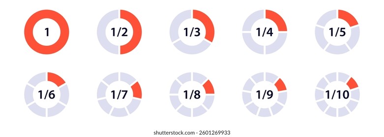 diagrams showing fractions from half to tenth with highlighted segments in attractive style.