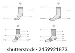 Diagrams of sock parts and measurements with text names. Hosiery Fashion accessory clothing technical illustration stocking. Vector side view for Men, women, unisex style, flat template mockup sketch