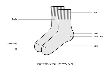 Diagramme von Sockenteilen mit Textnamen. Strumpfwaren Mode Accessoire Bekleidung technische Illustration Strumpf. Vektorgrafik Seitenansicht für Herren, Damen, Unisex-Stil, flache Vorlage Mockup Skizze isoliert