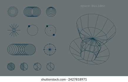 Diagrams and wireframe of celestial bodies and orbits in dark blue on a gray background. Space and astronomy education. Modern aesthetics, minimalist art. Vector design for creative cover, poster, ad