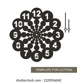 Dial with arrows and arabic numerals. Silhouette of clock on white background. Decor for home. Template for laser cutting, wood carving, paper cut and printing. Vector illustration.
