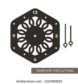 Dial with arrows and arabic numerals. Silhouette of clock on white background. Decor for home. Template for laser cutting, wood carving, paper cut and printing. Vector illustration. 