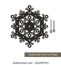 Dial with arrows and arabic numerals. Silhouette of clock on white background. Decor for home. Template for laser cutting, wood carving, paper cut and printing. Snowflake shape.