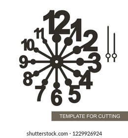 Dial with arrows and big arabic numerals. Silhouette of clock on white background. Decor for home. Template for laser cutting, wood carving, paper cut and printing. Vector illustration.