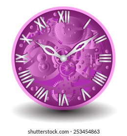 dial, disk, Roman numerals, arrows, pink background, transparent clock, time, hour, second, mechanism, clock mechanism