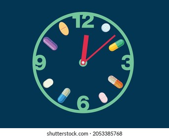 Dial of hours and pills, tablets, capsules around. The concept of taking medication on a treatment schedule. Vector illustration.