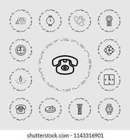 Dial icon. collection of 13 dial outline icons such as desk phone, wall clock, wrist watch for woman, wrist watch, sundial, clock. editable dial icons for web and mobile.